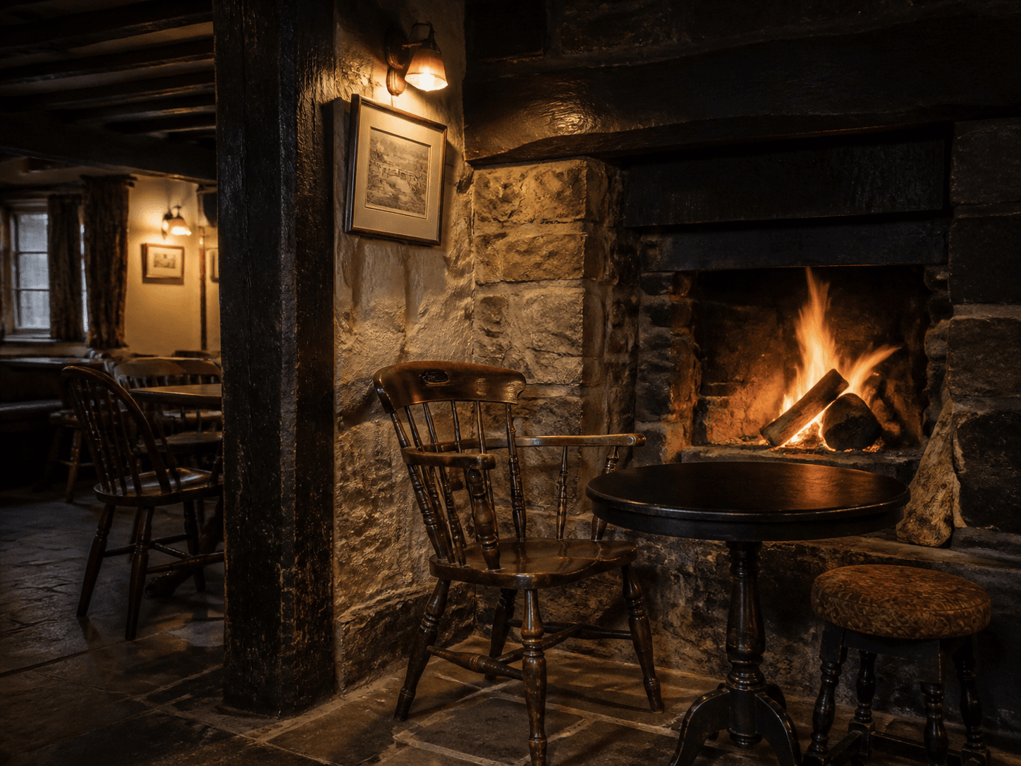Atmospheric image of a traditional firelit pub corner