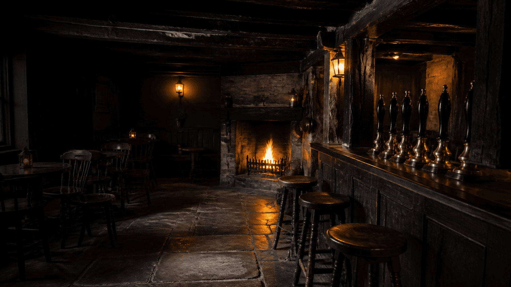 Atmospheric traditional pub interior with real ale handpulls and an open fire